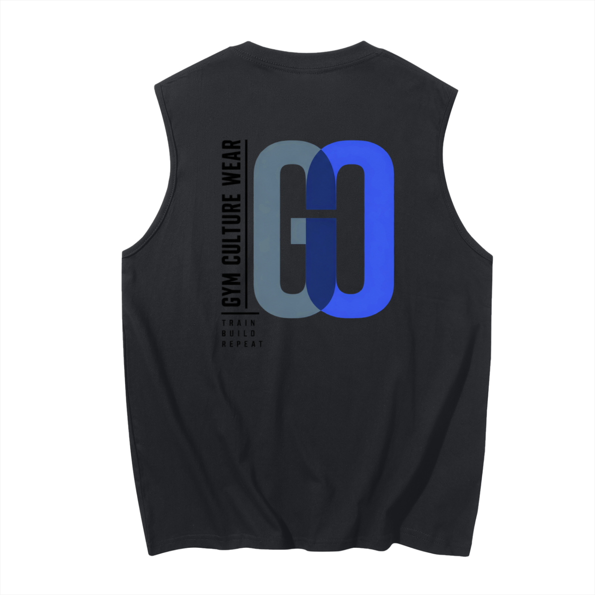 A black sleeveless muscle tank top shown from the back, featuring a large graphic with the letters 'G' and 'O' in gray and blue, alongside vertical text reading 'GYM CULTURE WEAR' and smaller text 'TRUE BUILD REPEAT'.